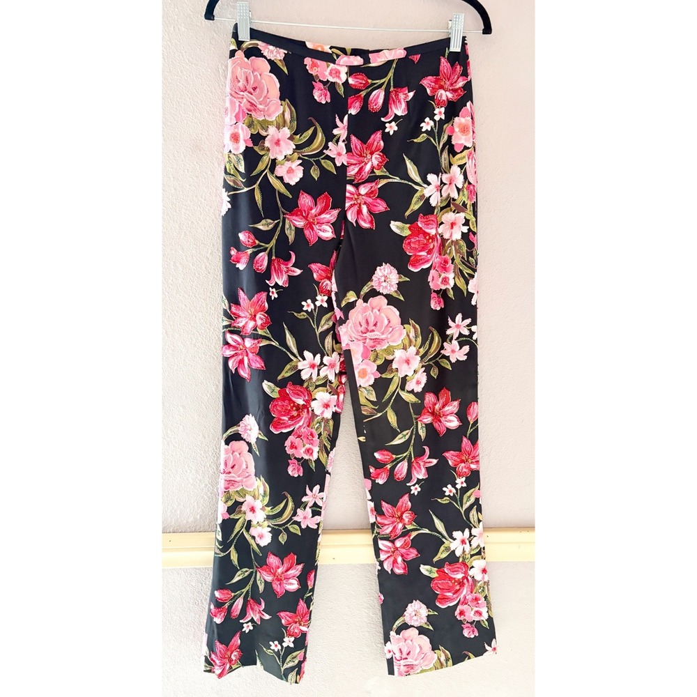 Vinage Kay Unger New York 100% Silk Floral Beaded Pants Y2K Black Pink Size 4